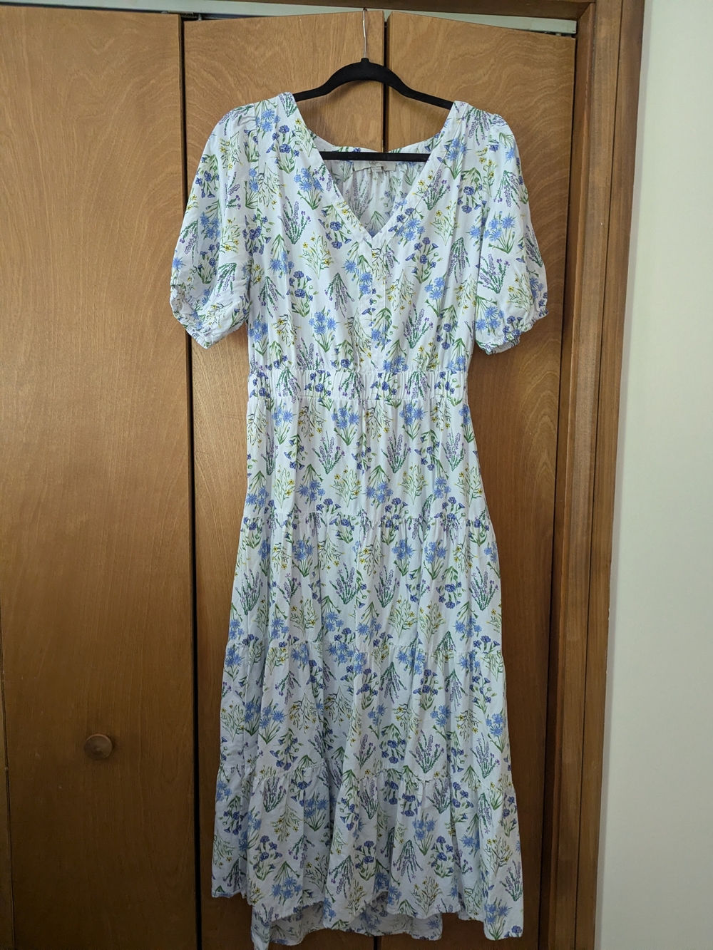 LOFT Blue and White Floral V-Neck Midi Dress